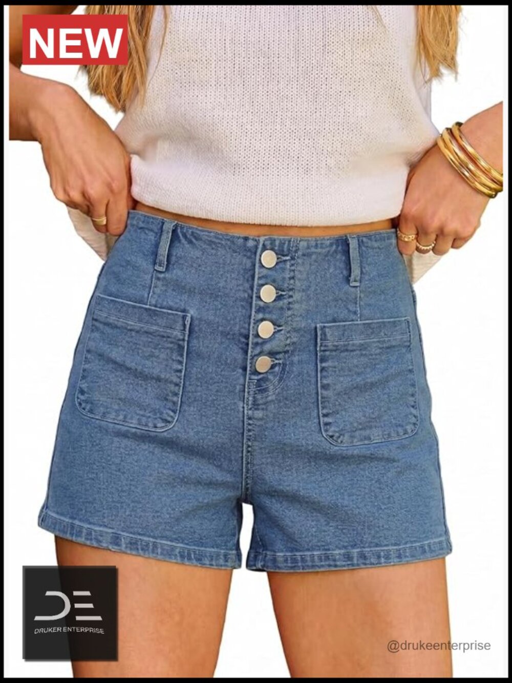 High Waisted Button Fly Stretchy Denim Shorts Summer Outfit